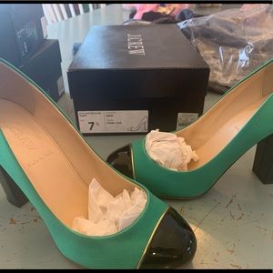 Gently used J Crew Etta Cap Toe Satin pumps size 7.5 in faded jade